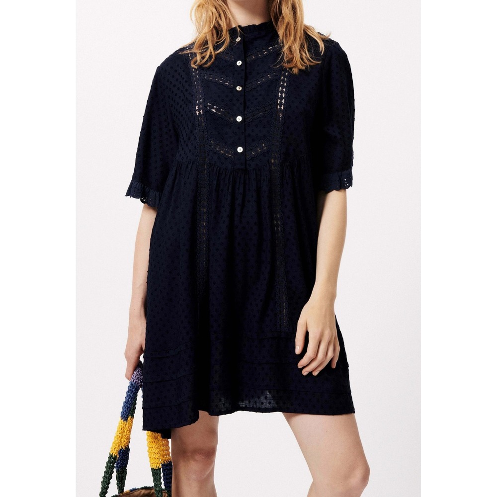 FRNCH Womens Babydoll Blouse Swiss Dot Crochet Lace Navy Blue Large Boho